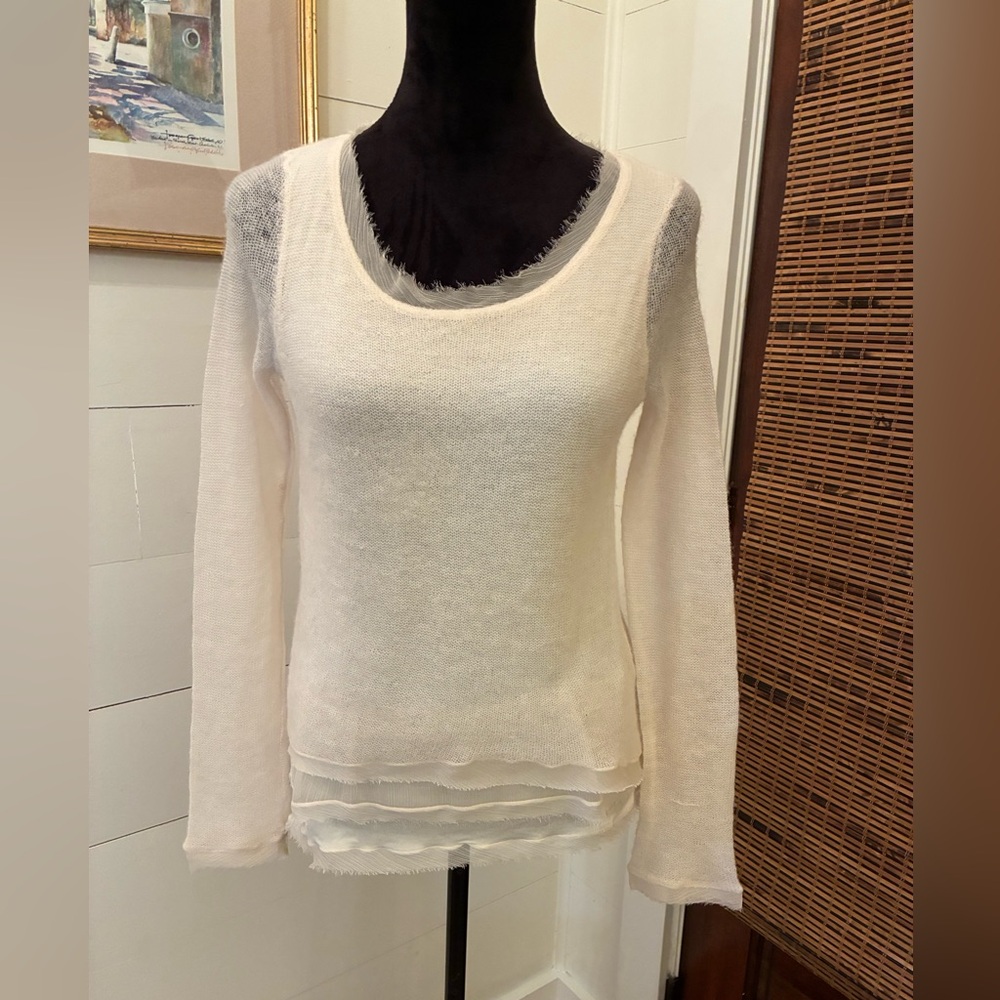 Anthropologie Knitted & Knotted Ivory Layered Sheer Hem Sweater Size Small - Picture 2 of 11